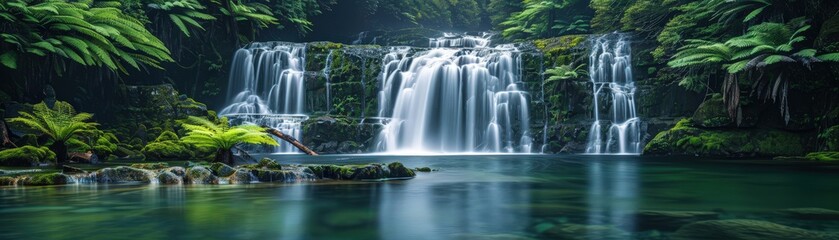 Obraz premium A tranquil waterfall cascading into a clear pool surrounded by lush tropical foliage, creating a serene and peaceful natural scene.