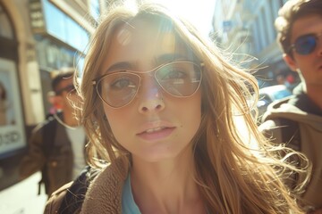 Stunning young woman with sunglasses explores the city streets, her poised and curious gaze capturing the essence of urban life and modern adventure.


