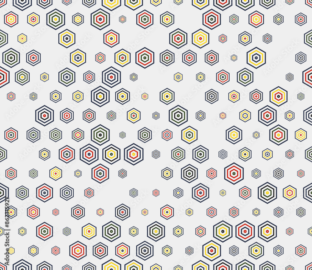 Poster vector background. multicolored geometric elements of varied size. simple stacked hexagons pattern. 