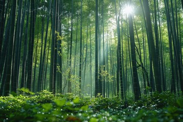 Fototapeta premium Sunlight beams through a tranquil bamboo forest, illuminating the tall green stalks and lush underbrush, creating a peaceful and serene atmosphere.