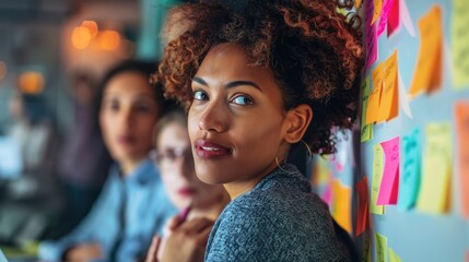 A diverse group of professionals brainstorming and collaborating in a modern office setting, surrounded by colorful sticky notes on the wall.
