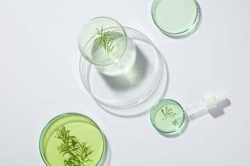 Top view of several glass petri dishes featured on white background. Green liquid filled inside...