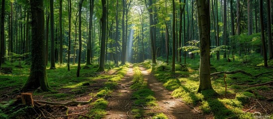 Fototapeta premium A tranquil forest path illuminated by sunlight, surrounded by lush greenery and tall trees, creating a peaceful woodland scene.