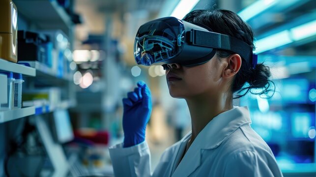 A scientist wearing a virtual reality headset conducts research in a high-tech laboratory, showcasing innovation in science and technology.