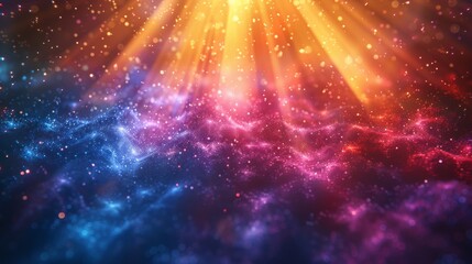 Abstract cosmic background with colorful glowing particles and sun rays, mystical universe concept