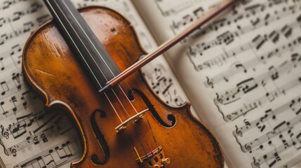 Naklejka premium A violin is sitting on top of sheet music. Generate AI image