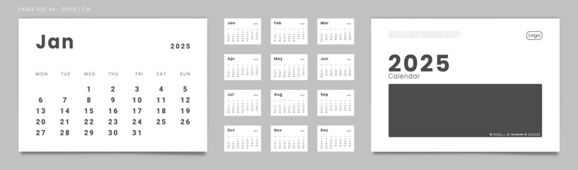 Set of 2025 Pages Monthly Calendar Planner Templates, Cover with Place for Photo, Company Logo. Vector pages for wall or desk minimalist calendar. Page size A4-21x29.7cm for Print. Week start Monday