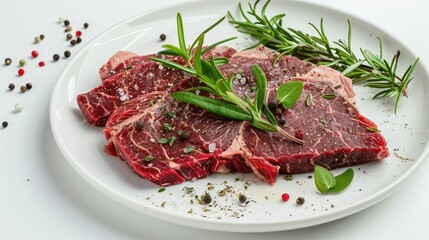 Raw tri-tip steak with herbs and spices on a white plate, ready to cook, isolated