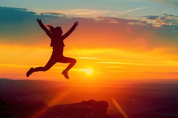 Fototapeta premium Happy woman jumping and sunset silhouette