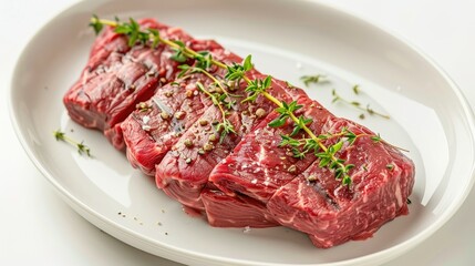 Seasoned raw tri-tip steak with fresh thyme on a white plate, isolated background