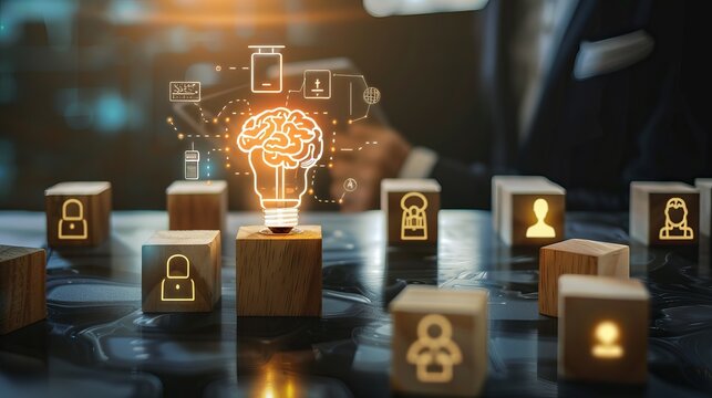 An artistic representation of artificial intelligence innovation, featuring a lightbulb containing a digital brain and surrounded by human icons in wooden blocks.