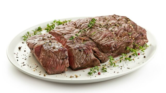 Seasoned tri-tip steak with fresh thyme on a plate, isolated on white background