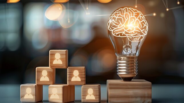 An artistic representation of artificial intelligence innovation, featuring a lightbulb containing a digital brain and surrounded by human icons in wooden blocks.