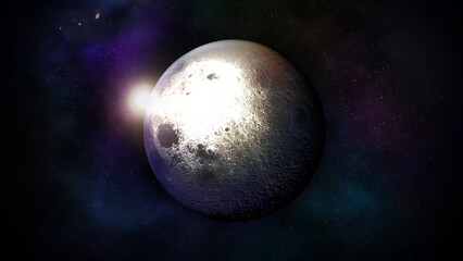 Moon and solar glare in the starry space.