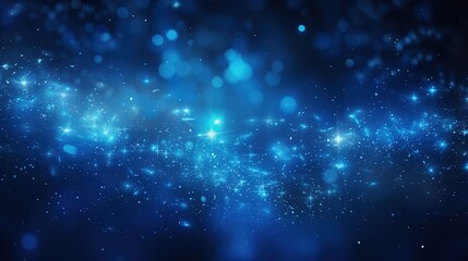 Obraz premium Abstract digital artwork of dynamic blue particles with glowing elements and dark background. Shiny glowing glitter with blue wallpaper. Digital design of bright night sky with bright star.