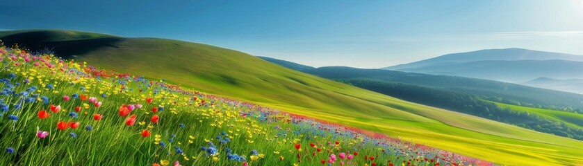 vibrant wildflowers blooming on a rolling green hillside with a blue sky and distant mountains.