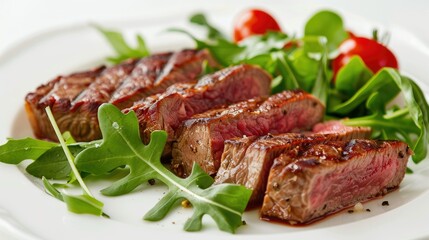 Sliced beef steak with a side of greens on a white plate, isolated on white