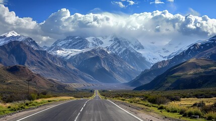 Naklejka premium A landscape featuring a road winding through majestic mountains is a classic scene that evokes a sense of adventure and exploration. 