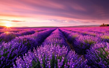 lavender field sunset - purple flowers and golden light - provence landscape.