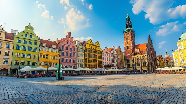 The Market Square in the Old Town of Wroclaw, Poland, is a bustling hub of activity, especially in the summer.