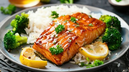 Tasty baked hot honey salmon with rice and broccoli, a wholesome homemade dish