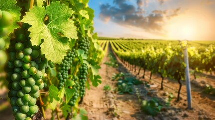 Fototapeta premium green grape vine close up with vineyard rows in the background at sunset.