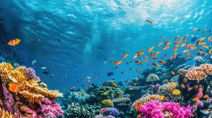 Fototapeta premium Turquoise waters revealing a vibrant coral reef filled with colorful fish
