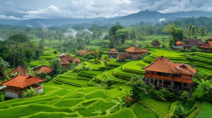 Naklejka premium Village View with Green Rice Fields