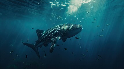 Fototapeta premium Whale shark swimming gracefully in deep blue waters, surrounded by smaller fish
