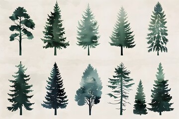 Obraz premium Watercolor Pine Tree Forest Collection with Silhouette Icons and Textured Background