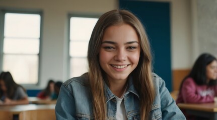 Fototapeta premium Happy teenage girl sitting indoor writing learning in the classroom at high school college looking at camera