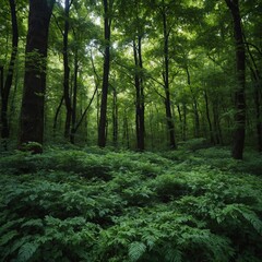 A dense forest with a canopy of green leaves.
