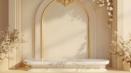 Beauty fashion luxury podium backdrop for product display. minimalist gold, marble and white background. 3d render.