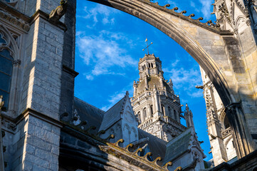 Tours street view, city on Central Loire valley, cathedral of Tours, dedicated to Saint Gatien,...