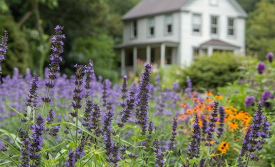 Obraz premium Purple Flowers Blooming in Front of a White House on a Sunny Day