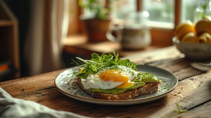 Minimalist Avocado Toast with Poached Eggs on Rustic Wooden Table
