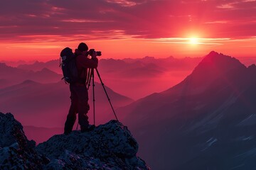 Fototapeta premium Silhouette of a photographer who shooting a sunset on the mountain