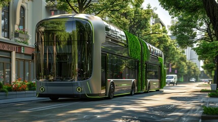 Obraz premium Futuristic hydrogen fuel cell buses transporting goods and cargo through a green tree lined urban environment promoting sustainable and emission free logistics and transportation solutions
