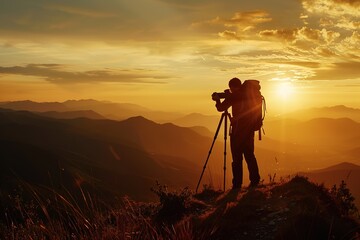 Silhouette of a photographer who shooting a sunset on the mountain