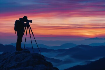 Silhouette of a photographer who shooting a sunset on the mountain