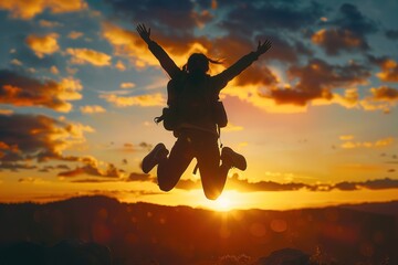 Happy woman jumping and sunset silhouette