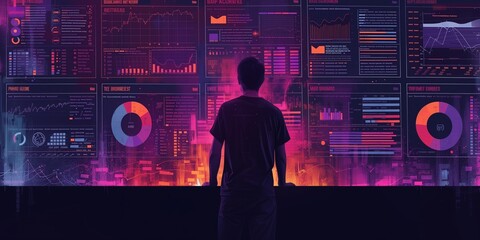 Man analyzing data on multiple screens with futuristic city background.  Concept of big data, analytics, technology, finance, and cybersecurity.