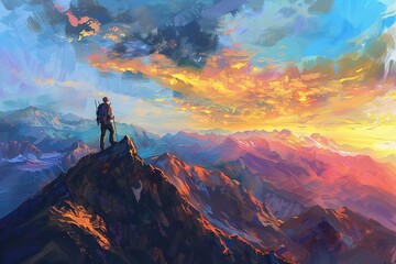 Silhouette of Nature photographer in the action on top under sunlight. climber Man under a fantastic colorful clouds, landscape at Sunset.