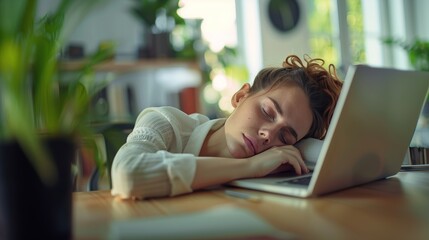 A Person Resting on a Desk Beside a Laptop, Representing Work Fatigue, Stress, and the Importance of Work-Life Balance and Employee Well-being