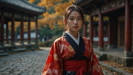 Asian traveler girl in Kimono traditional dress walking in old temple in Autumn season.