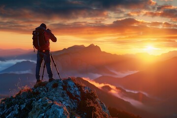 Man Silhouette Photographer take photo on hill high mountain professional camera shooting photo landscape sunset on top mountain nature twilight yellow sky background