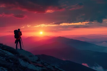 Man Silhouette Photographer take photo on hill high mountain professional camera shooting photo landscape sunset on top mountain nature twilight yellow sky background