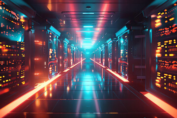 Highresolution DSLR image of a futuristic server room with glowing data streams and advanced information technology equipment