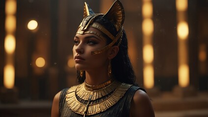Ancient Egyptian catwoman with gold jewelry Ancient Egyptian goddess.