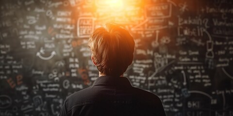 Man facing a large chalkboard filled with complex mathematical formulas and equations. Concepts of science, technology, engineering, math, learning, problem solving, and innovation.